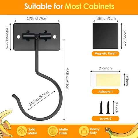 Diagram of a magnetic cabinet hook with dimensions, screws, adhesive, and matte finish, designed for most cabinets.