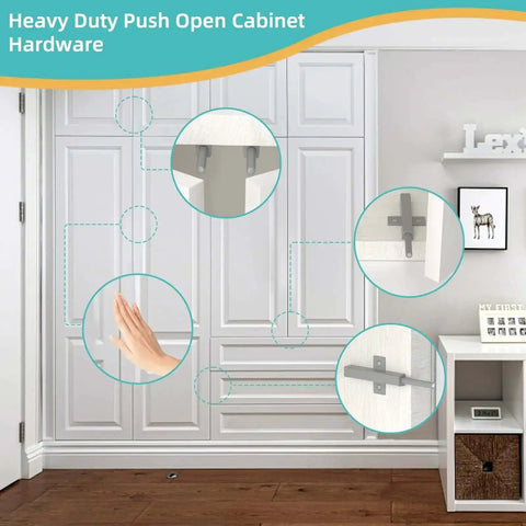 Push To Open Cabinet Hardware Magnetic Push Door Latches installed on white cabinet, showcasing operation points.