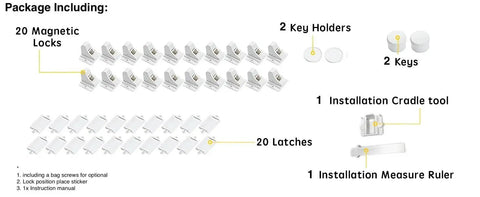 Keep curious kids safe with invisible magnetic cabinet locks that install quickly with 3M adhesive shown in package contents.
