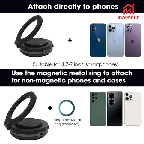 Vacuum Car Phone Mount Holder With Magnetic 360 Degree Rotatable Stand showing metal ring and compatible phones, 4 to 7 inch, black