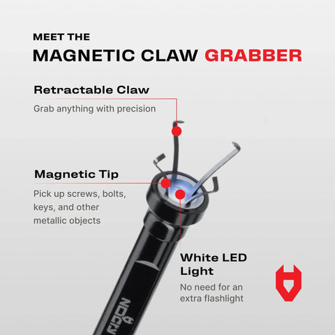 Flexible magnetic claw pickup tool with a bright LED light extends reach, features a 4-Finger retractable claw, and 5lb pull strength to grab small parts from tight spots, drains, or under appliances with ease.