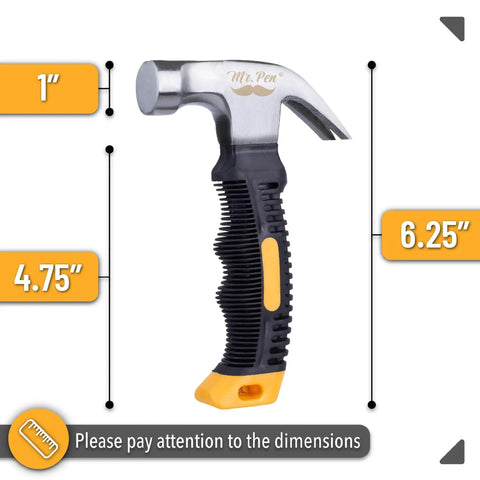 Compact 8oz magnetic claw nail hammer with ergonomic non-slip handle, rust-resistant carbon steel construction, dimensions shown.