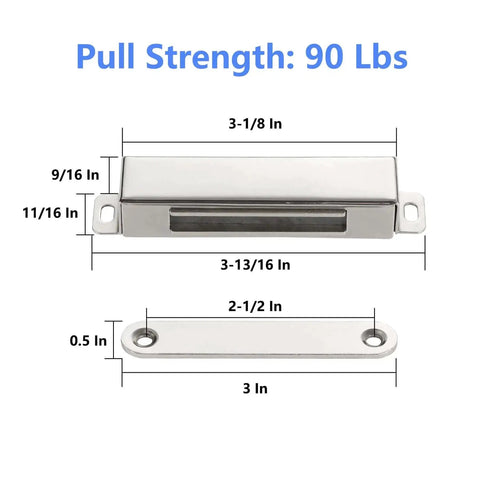 Dimensions of 2 Pack Heavy Duty Magnetic Door Catch With 90lb Pull, Stainless Steel Anti Rust Design, highlighting measurements