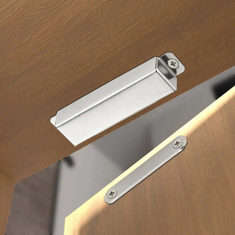 2 Pack Heavy Duty Magnetic Door Catch With 90lb Pull, Stainless Steel Anti Rust Design installed on a wooden door, showing strong hold.