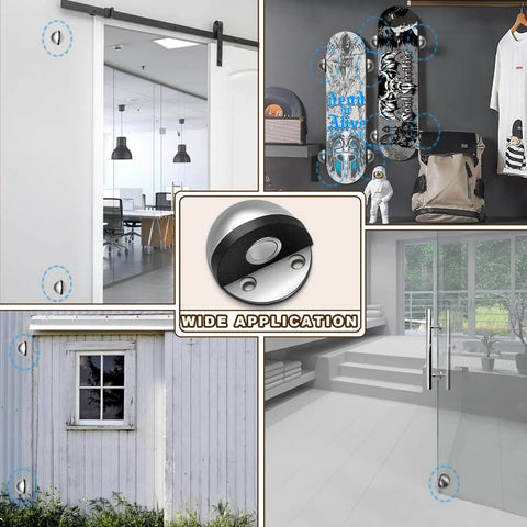 Magnetic Door Stop With Self Adhesive Mount, Brushed Nickel Stainless Steel Floor Stop, no drill installation shown in various settings