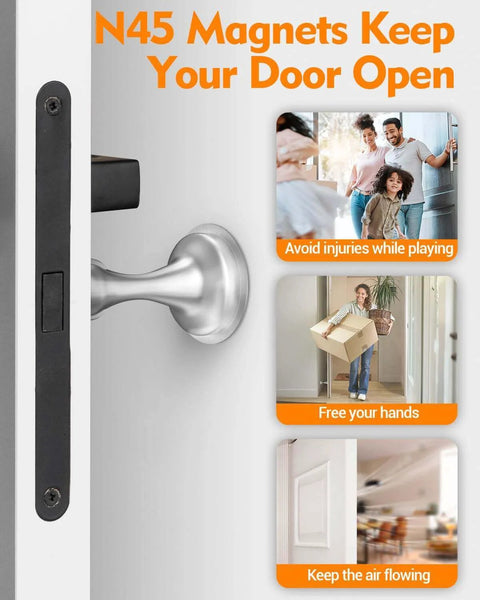 Side view of a door with N45 magnets keeping it open, showing benefits like avoiding injuries, freeing hands, and airflow.