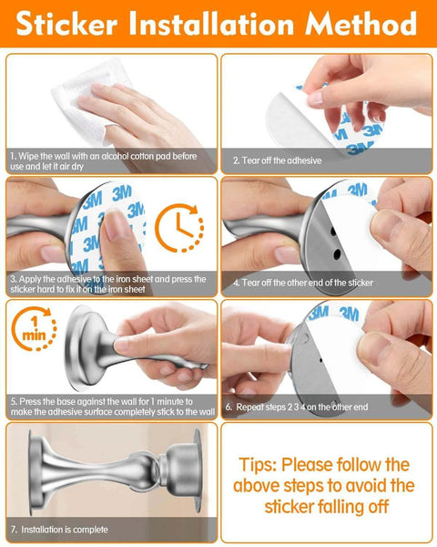 Instructional guide for installing ✝️ 2-Pack Door Stoppers Magnetic Door Catch, Stainless Steel Magnetic Door Stop 2 Pack using adhesive tape.
