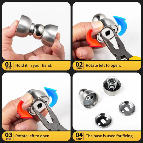 Step-by-step assembly of Powerful Magnetic Door Stopper Set Of 2 Stainless Steel Mini Door Stops with magnet and base parts