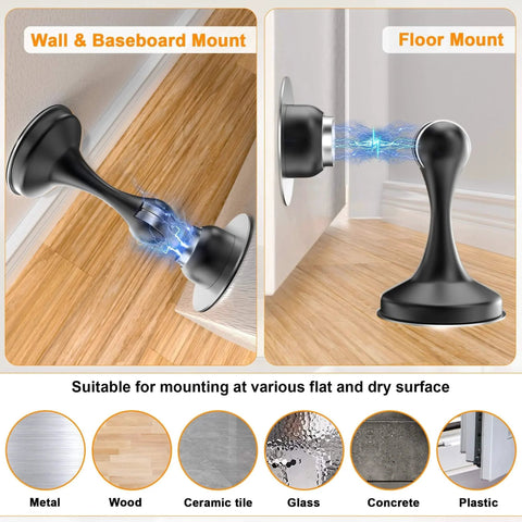 Magnetic Door Stoppers 2 Pack, Stainless Steel Door Stops, Wall-Mounted and Floor Mounting Metal Doorstops, Door Holder Keep Door Open, No Drilling Door Stop with Adhesive Tapes, Black