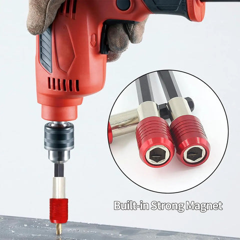 Three Piece Magnetic Drill Bit Holders Set With Quick Release Hex Shank Extension Bars For Power Tools And Drills in use