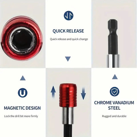 Close-up of red magnetic drill bit holder with quick-release hex shank, showcasing magnetic design and chrome vanadium steel features.