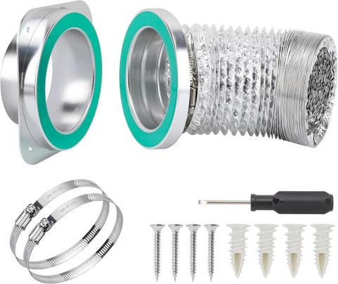 Amazon DV180 magnetic dryer vent kit with stainless duct and teal gasket; includes 3 ft duct, 2 clamps, screws, anchors, screwdriver.