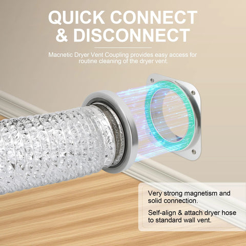 Magnetic dryer vent coupling with flexible silver vent hose and wall plate for quick, airtight connection.