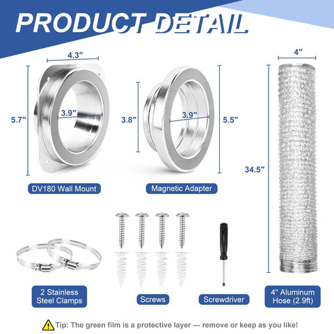 Magnetic dryer vent coupling kit with 4-inch aluminum hose and magnetic adapter, wall mount, 2 clamps, screws, screwdriver