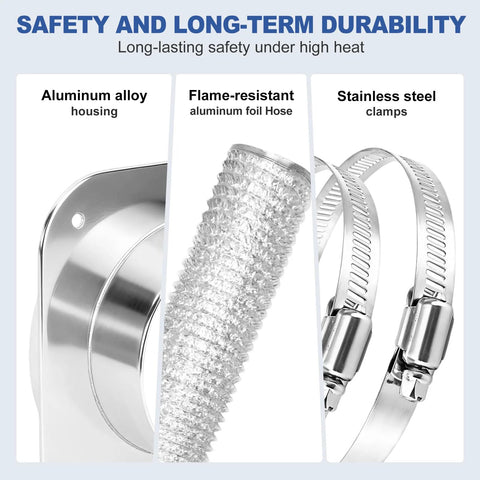Amazon magnetic dryer vent coupling kit; 4-inch duct, aluminum housing, flame-resistant foil hose, and 2 stainless clamps.