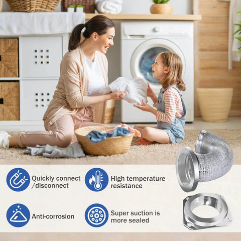 Image of Magnetic Dryer Vent Coupling Kit With Airtight Seal Quick Connect And Disconnect Includes 4 Inch By 3.3 Foot Duct And Two Clamps Easy To Clean And Install Connector For Dryer Venting, shown installed in a laundry room.