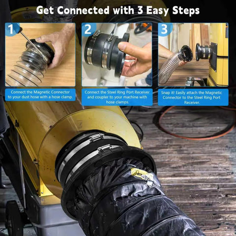 Magnetic dust collection fittings kit for dust collectors; includes 1 Mag Port Connector and 5 4-in/2.5-in couplers