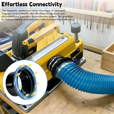 4-inch magnetic dust collection fittings kit with blue corrugated hose attached to a yellow dust collector
