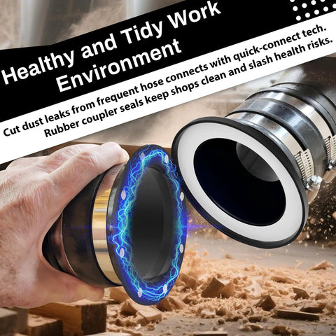 Magnetic dust collection fittings kit for 4" and 2.5" hoses; hand installing magnetic ring on a shop vacuum hose