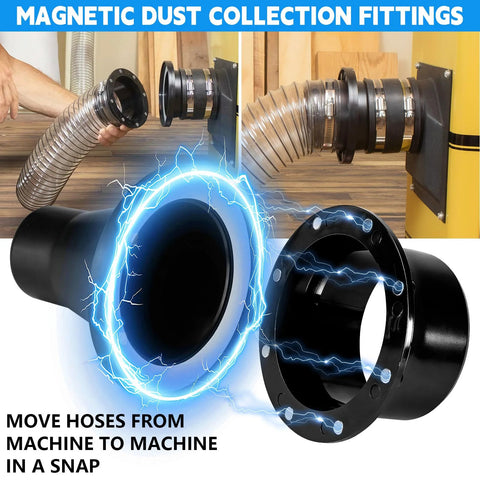 Magnetic dust collection fittings kit with 4-in mag port connector and five sets of 4-in and 2.5-in couplers for quick dust collection.