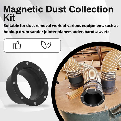 Magnetic dust-collection fittings kit for 4-inch and 2.5-inch hoses; black metal flanges with mounting holes.