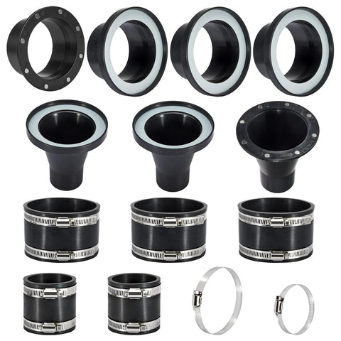 Magnetic dust collection fittings set for black 4in and 2.5in dust collectors with hose adapters and stainless clamps.