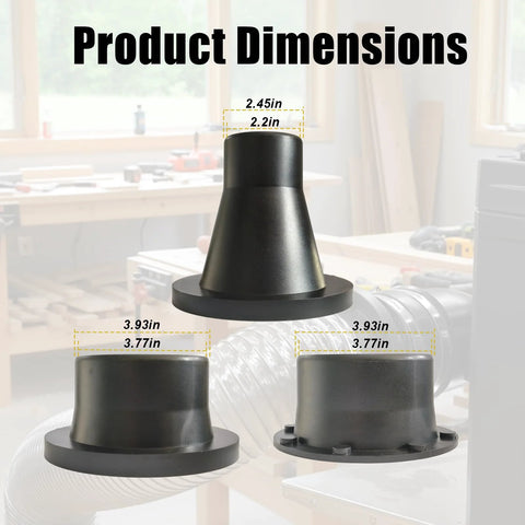 Set of 3 black magnetic dust collection fittings with bases; 4in to 2.5in reducer, Amazon.