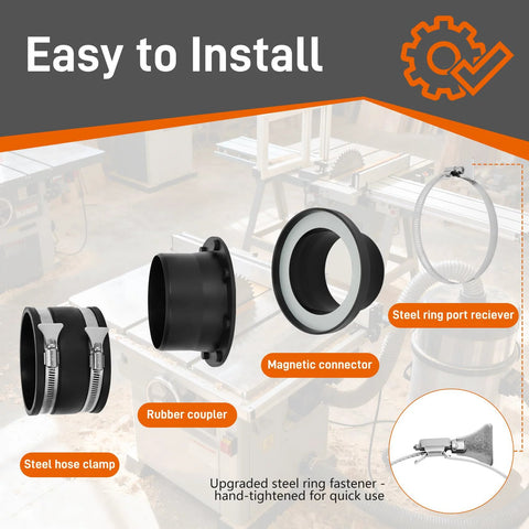Magnetic dust collection fittings kit for 4in and 2.5in hoses, with rubber coupler, steel clamp, and magnetic connector