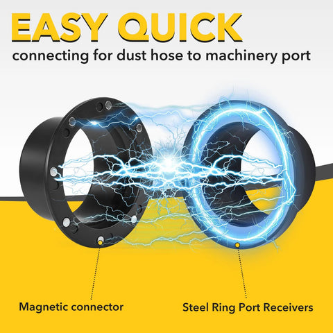 Two black magnetic dust collection fittings for 4-in and 2.5-in dust collectors; steel ring port receivers