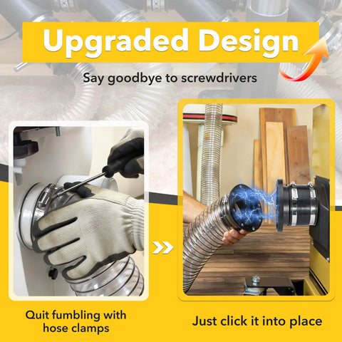 Magnetic dust collection fittings for 4 in. and 2.5 in. hoses; metal quick-connect dust hose adapter.