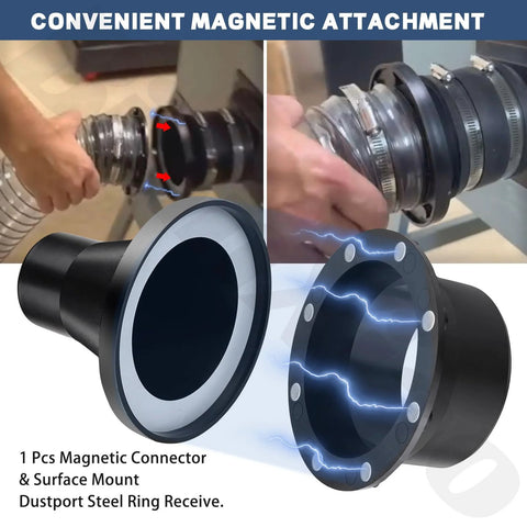 4-inch magnetic dust port adapter for collectors and vacs, converts between 4 in and 2.5 in hoses, Amazon.