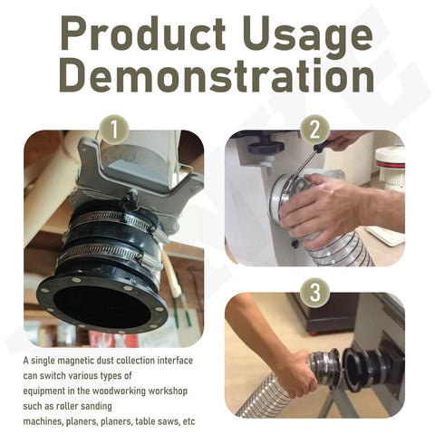 4-inch magnetic dust collection connector with dust-control flex cuff; three-step demonstration attaching hose to equipment interface.