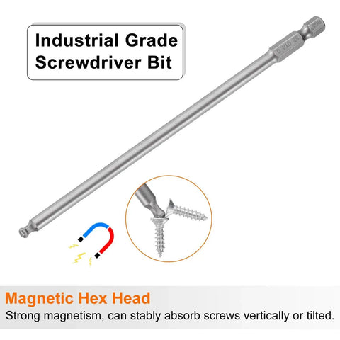 Industrial grade magnetic hex screwdriver bit with 1/4 inch shank and ball end for precise assembly, made from high-strength S2 steel.
