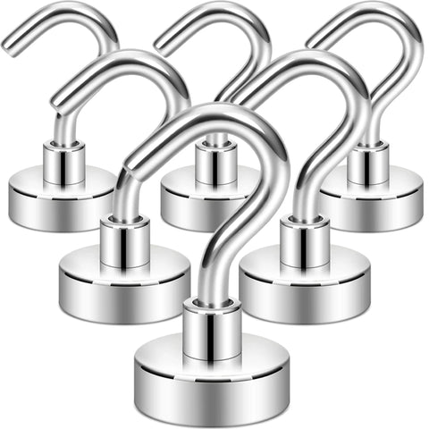 Set of six silver magnetic hooks with curved design for versatile hanging and organization in home or office space