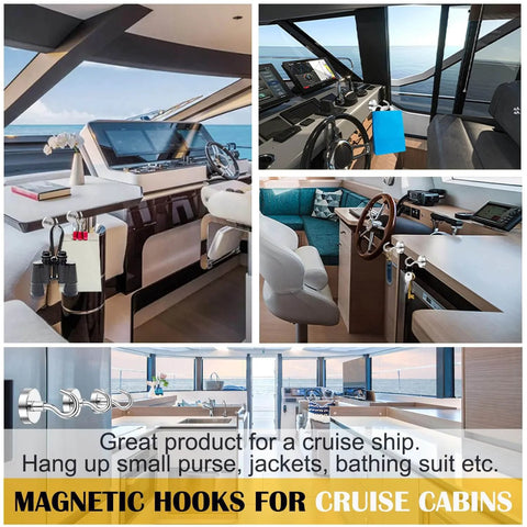 Magnetic Hooks, 50lbs Heavy Duty N52 Rare Earth Magnets in cruise cabin setup for hanging essentials.