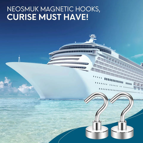 Cruise ship sailing with two Neosmuk magnetic hooks in foreground, text overlay 'Neosmuk Magnetic Hooks, Cruise Must Have!'