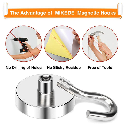 MIKEDE magnetic hooks showing no drilling, no residue, tool-free installation with a close-up of steel hook design.
