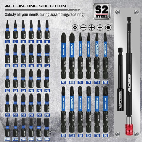 80-Piece Premium Magnetic Impact Nut Driver Set Metric And SAE With Socket Adapters shown with S2 Steel components.