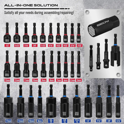 80-Piece Premium Magnetic Impact Nut Driver Set Metric And SAE with adapters, bits, and organized layout on display board