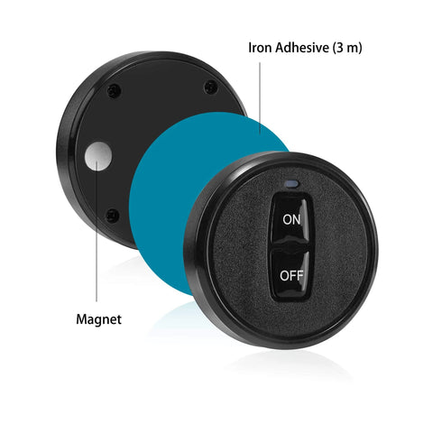 Heavy Duty 12V Wireless Remote Relay Switch Kit With 328 Feet Range For Cars Motors Lamps LED Lights And Fans Works On DC 5V 12V 24V Or 48V Systems 10 Amp Relay Easy Install Through Walls Plug And Play, featuring iron adhesive and magnet.