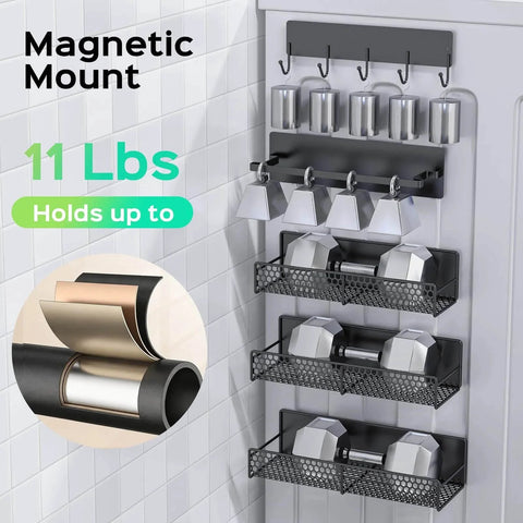 5-Pack Magnetic Shelves for Laundry Room Organization installed on a wall, featuring spice rack, utensil hooks, and strong magnet hold.