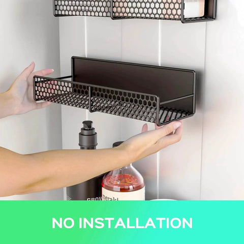 Installing 5-Pack Magnetic Shelves for Laundry Room Organization, featuring spice rack, strong hold on refrigerator, no drill setup