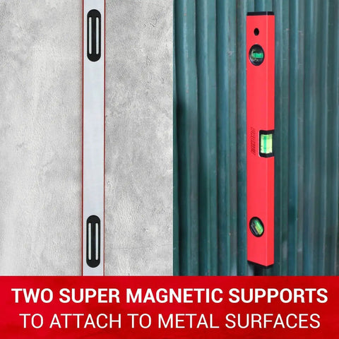 18 Inch Magnetic Level With 180 Degree 90 Degree And 45 Degree Bubbles Aluminum Body Shock Resistant Level Tool With Overhead Viewing For Comfortable Readings On Metal And Wood Surfaces Ideal For Quick Accurate Measurements And Easy Reading From Above attached to wall