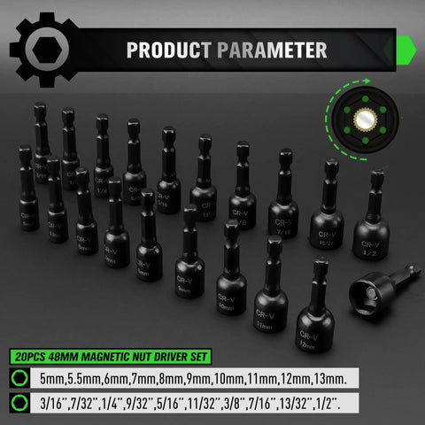 20 Piece Magnetic Nut Driver Set With Metric And SAE Sizes, quarter inch hex shank, displayed with various sizes in front view.