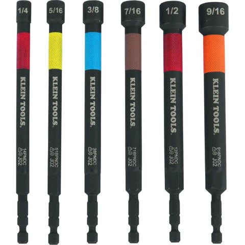 Six Piece SAE Magnetic Impact Nut Setter Set With Color Coded Power Nut Drivers And Extended Reach For Heavy Duty Fastening Includes 1/4 5/16 3/8 7/16 1/2 9/16 Inch Sizes Rare Earth Magnets For One Hand Driving Klein Tools 32930 - front view showing all sizes with color codes.
