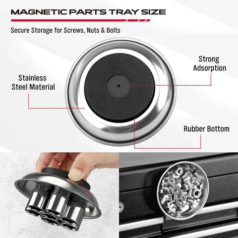 Stay organized and save time with this four-pack telescoping magnetic pickup tool set featuring a top view of magnetic tray with stainless steel material and rubber bottom, along with images of strong adsorption and storage of screws.