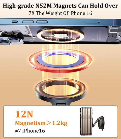 Magnetic Phone Mount With Vacuum Suction Cup displaying N52 magnets holding iPhone 16 showing strength and firm adsorption capability