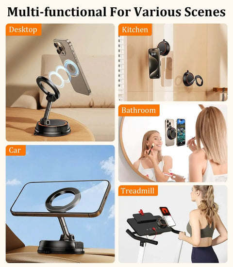 Magnetic Phone Mount with Vacuum Suction Cup for shower mirror, car dashboard, gym treadmill, and kitchen use, hands-free holder for iPhones 12-16