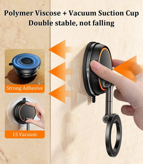 Magnetic Phone Mount With Vacuum Suction Cup for Shower Mirror Car Dashboard Gym, hands adjusting mount on wall, orange accents
