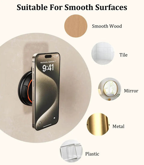 Magnetic Phone Mount With Vacuum Suction Cup For Shower Mirror Car Dashboard And Gym Use on smooth surfaces like wood and tile